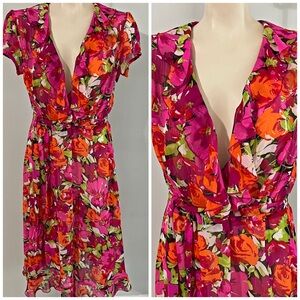 Y2K JBS Pink Orange Floral Wrap Dress Size 8 Ruffle V Neck Boho Midi